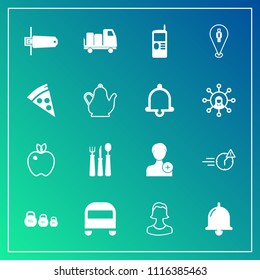 Modern, simple vector icon set on gradient background with human, transport, person, shipping, flash, kilogram, call, cell, food, man, telephone, location, delivery, phone, knife, weight, fork icons