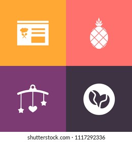 Modern, simple vector icon set on colorful background with nursery, healthy, pictogram, orange, pineapple, internet, cute, boy, bean, natural, web, seed, fruit, bed, caffeine, beverage, nature icons