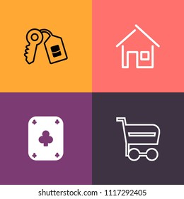 Modern, simple vector icon set on colorful background with estate, sale, lock, construction, play, black, store, shop, secure, commerce, residential, door, house, access, real, property, housing icons