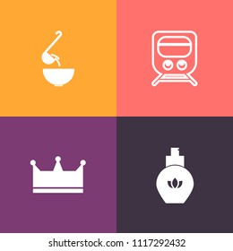 Modern, simple vector icon set on colorful background with king, food, luxury, vehicle, railway, pour, perfume, lunch, aroma, cosmetic, crown, bottle, locomotive, plate, sign, meal, elegance icons