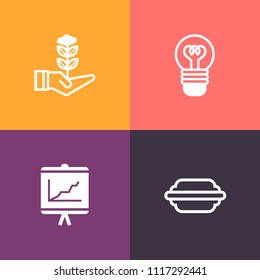 Modern, simple vector icon set on colorful background with shine, hamburger, bright, bulb, sandwich, soil, burger, electricity, graphic, cheese, agriculture, chart, grilled, environment, power icons