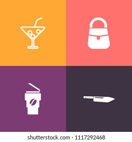 Modern, simple vector icon set on colorful background with cold, tropical, knife, away, cocktail, metal, silhouette, restaurant, ice, bar, bag, purse, lime, style, party, fruit, juice, summer icons