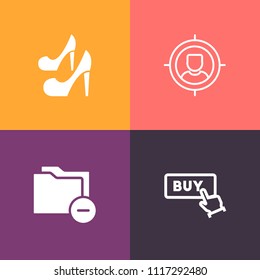 Modern, simple vector icon set on colorful background with style, target, management, female, modern, purchase, customer, buy, shoe, sign, storage, elegant, office, segmentation, file, group icons