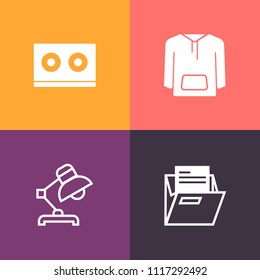 Modern, simple vector icon set on colorful background with office, apparel, old, white, template, decoration, cassette, music, vintage, retro, lamp, jacket, interior, tape, casette, audio, style icons