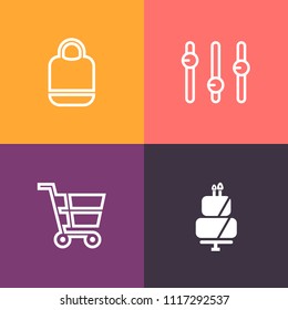 Modern, simple vector icon set on colorful background with handbag, food, cake, white, concept, accessory, shop, pastry, bakery, handle, object, style, sound, tasty, refreshment, brown, business icons