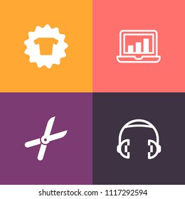 Modern, simple vector icon set on colorful background with work, headphone, audio, stereo, analytics, business, spring, cut, screen, analysis, scissors, sign, pruning, graphic, textile, shears icons