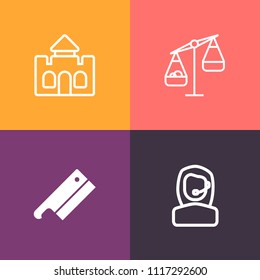 Modern, simple vector icon set on colorful background with ancient, concept, white, old, people, fairytale, scale, landmark, balance, king, justice, tower, architecture, business, talking, steel icons