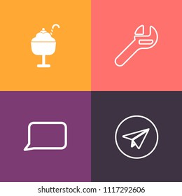 Modern, simple vector icon set on colorful background with ice-cream, industrial, talk, smartphone, message, mail, repair, icecream, ice, chat, work, cone, spanner, sign, vanilla, speech, summer icons