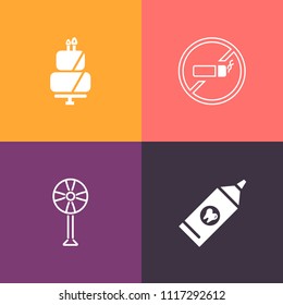 Modern, simple vector icon set on colorful background with care, brush, stop, white, dessert, tooth, cooler, pastry, prohibition, object, wind, health, ventilator, electric, cream, food, tobacco icons