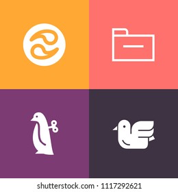 Modern, simple vector icon set on colorful background with fun, white, nature, crest, natural, management, animal, paper, plum, document, file, mon, pattern, flight, black, penguin, information icons