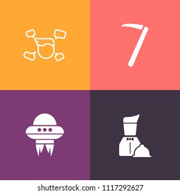 Modern, simple vector icon set on colorful background with alien, casual, men, science, technology, invasion, hammer, construction, work, tray, pliers, vehicle, space, plate, toolbox, spacecraft icons