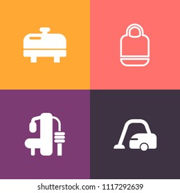 Modern, simple vector icon set on colorful background with hot, object, house, temperature, exercise, appliance, training, handle, handbag, dust, machine, background, leather, style, heater, gym icons