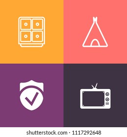 Modern, simple vector icon set on colorful background with vacation, card, safe, security, media, television, leisure, tv, cash, banking, wealth, summer, technology, video, mountain, show, camp icons