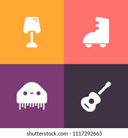 Modern, simple vector icon set on colorful background with space, graphic, interior, skating, skate, art, decor, table, guitar, fun, equipment, object, musician, boot, instrument, ufo, character icons