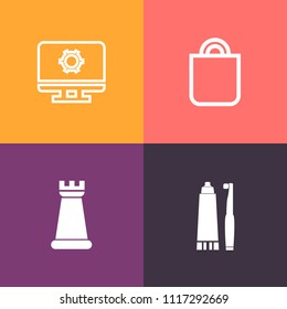 Modern, simple vector icon set on colorful background with knight, health, dentist, clean, technology, gift, hygiene, pawn, gear, piece, giving, sign, female, brush, medicine, box, bag, queen icons