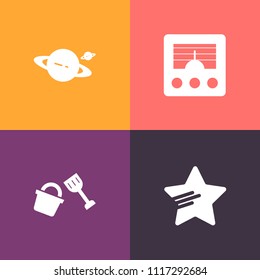 Modern, simple vector icon set on colorful background with astronomy, orbit, satellite, internet, system, rating, equipment, connection, cosmos, shape, wireless, spade, shovel, sign, decoration icons