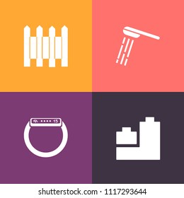 Modern, simple vector icon set on colorful background with spa, time, touch, health, ball, wet, hygiene, clean, car, toy, bathroom, child, smart, safety, water, iron, outdoor, protection, wall icons