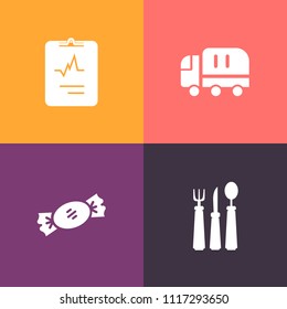 Modern, simple vector icon set on colorful background with cargo, cardiology, food, pulse, van, utensil, lollipop, sweet, restaurant, striped, business, truck, lolly, candy, dessert, colorful icons
