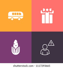 Modern, simple vector icon set on colorful background with vehicle, vegetarian, box, transport, alarm, car, decoration, travel, fresh, gift, white, food, bow, transportation, street, corn, blur icons