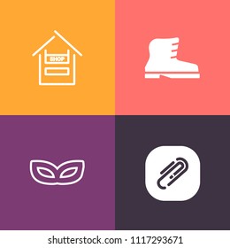 Modern, simple vector icon set on colorful background with leather, paper, party, document, clothing, happy, footwear, attach, consumer, grocery, walking, food, market, supermarket, woman, clip icons