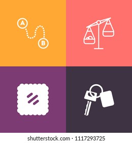 Modern, simple vector icon set on colorful background with lock, transportation, postcard, transport, equality, place, black, pin, unlock, scale, location, car, map, marker, weigh, security, key icons