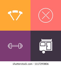 Modern, simple vector icon set on colorful background with summer, adventure, web, sport, fitness, skydiving, transport, sign, barbell, parachuting, workout, mark, holiday, trailer, camper, fly icons