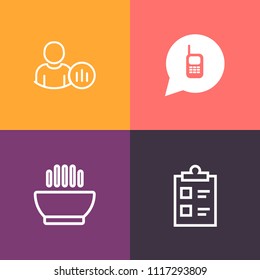 Modern, simple vector icon set on colorful background with soup, telephone, technology, user, dial, food, media, hot, list, internet, choice, support, like, dish, social, marketing, meal, sign icons