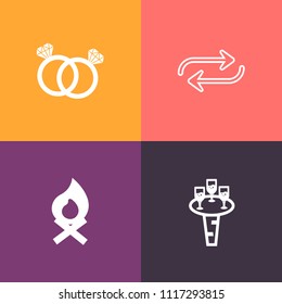 Modern, simple vector icon set on colorful background with campfire, liquid, object, evening, person, glass, fireplace, diamond, romance, hot, man, wine, proposal, team, marriage, change, camp icons