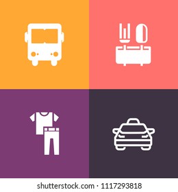 Modern, simple vector icon set on colorful background with auto, car, cloth, transportation, vehicle, clothes, sign, white, city, eat, clothing, bus, cooking, traffic, lunch, business, cafe, cab icons