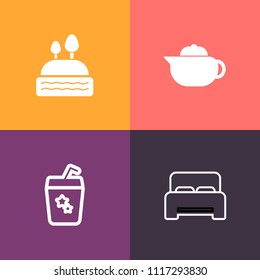 Modern, simple vector icon set on colorful background with interior, room, double, bread, furniture, beverage, cocktail, doughnut, cafe, glass, comfortable, hotel, tea, kettle, object, summer icons