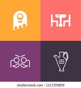 Modern, simple vector icon set on colorful background with space, indoors, jug, table, fun, carnival, art, celebration, decoration, alien, holiday, creature, family, fiction, futuristic, dinner icons