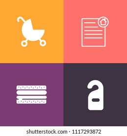 Modern, simple vector icon set on colorful background with carriage, infant, mother, room, real, pram, quiet, home, motel, dinner, care, fast, house, hamburger, parent, estate, cheeseburger, kid icons