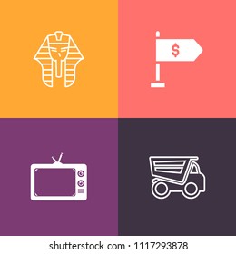 Modern, simple vector icon set on colorful background with egyptian, old, mythology, car, culture, tv, money, concept, finance, ancient, truck, machine, lorry, travel, pharaoh, vehicle, banking icons