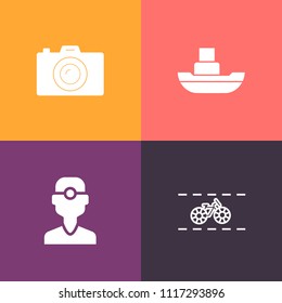 Modern, simple vector icon set on colorful background with lens, pedal, port, travel, image, camera, sport, picture, health, boat, technology, industry, digital, transport, vessel, sea, activity icons