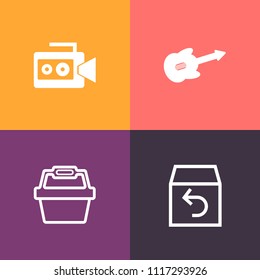 Modern, simple vector icon set on colorful background with song, shipment, video, store, box, shipping, camera, food, television, handle, record, market, rock, white, camcorder, package, string icons