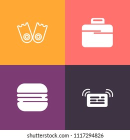 Modern, simple vector icon set on colorful background with object, restaurant, suitcase, work, plastic, vacation, dinner, business, scuba, alert, flipper, summer, snack, hamburger, equipment icons