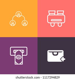 Modern, simple vector icon set on colorful background with add, discovery, hierarchy, human, card, organization, team, concept, people, looking, store, binoculars, see, glasses, binocular, cash icons