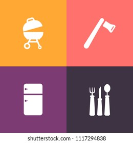 Modern, simple vector icon set on colorful background with pliers, fresh, fork, food, sausage, fridge, saw, household, cold, spoon, fire, refrigerator, meat, meal, construction, hammer, cooking icons