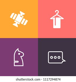 Modern, simple vector icon set on colorful background with competition, technology, clothes, envelope, chess, fashion, email, success, shop, science, planet, send, shuttle, world, earth, play icons