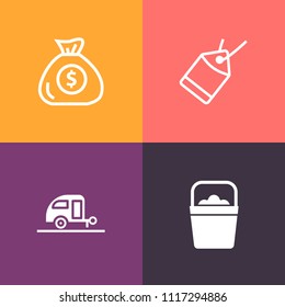 Modern, simple vector icon set on colorful background with trailer, money, summer, currency, object, investment, banking, journey, can, nature, tag, price, dollar, clean, banner, caravan, profit icons