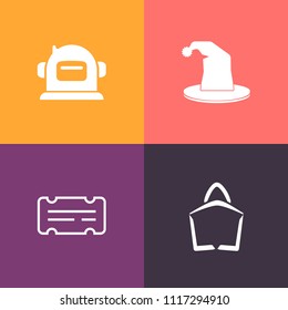 Modern, simple vector icon set on colorful background with ticket, admit, pilot, cosmos, fun, helmet, spaceman, exploration, space, show, astronaut, planet, hat, film, retail, cosmonaut, buy,  icons