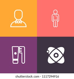 Modern, simple vector icon set on colorful background with science, man, moon, boy, space, toothpaste, health, brush, light, social, cosmos, young, star, web, dental, care, galaxy, avatar, paste icons