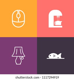 Modern, simple vector icon set on colorful background with optical, bread, device, desk, brown, cappuccino, click, equipment, electric, chicken, bean, restaurant, black, beverage, pc, coffee icons
