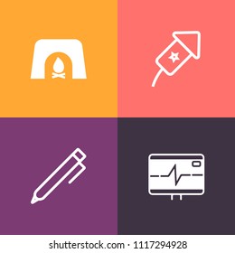 Modern, simple vector icon set on colorful background with holiday, fire, firework, room, warm, winter, note, pencil, wave, health, heart, celebrate, house, fireplace, school, explosion, event icons