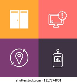 Modern, simple vector icon set on colorful background with channel, button, black, open, security, interior, entrance, television, remote, control, computer, refreshment, location, problem, sign icons