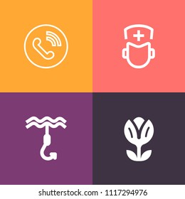 Modern, simple vector icon set on colorful background with floral, telephone, circle, nurse, metal, support, medicine, leaf, button, team, medical, petal, ring, surgeon, call, fish, spring, care icons