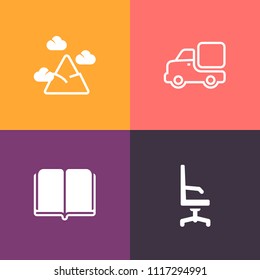Modern, simple vector icon set on colorful background with snow, modern, interior, comfortable, knowledge, delivery, logistics, library, sky, armchair, white, travel, top, peak, paper, blue, van icons
