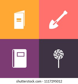 Modern, simple vector icon set on colorful background with space, notebook, document, book, tool, background, sign, unhealthy, shovel, sweet, web, construction, dessert, screwdriver, saw, object icons