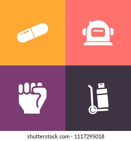 Modern, simple vector icon set on colorful background with box, capsule, computer, health, spaceman, transport, medication, suit, robot, industry, spacesuit, container, space, shipping, hand icons