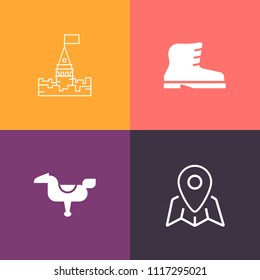 Modern, simple vector icon set on colorful background with young, walking, tower, fun, leather, style, tale, play, king, kingdom, location, cute, travel, happy, web, castle, old, brown, royal icons